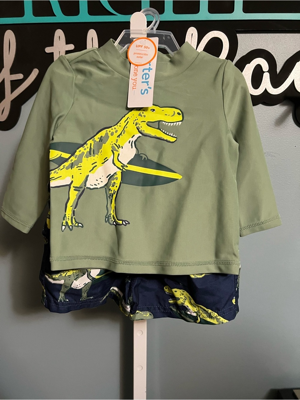 Carter Just One You Dinosaur Surf Green Rash Guard Long Sleeve Shirt and Trunks